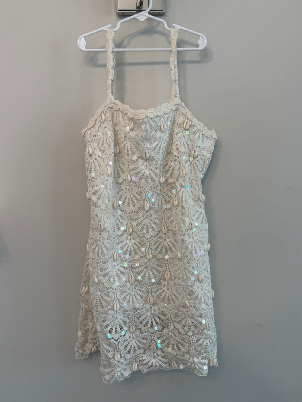 LoveShackFancy Cream Crochet Shell-Embellished Mini Dress